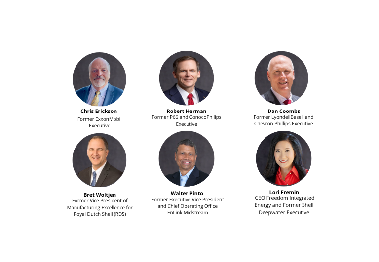 Six executive headshots in two rows. Top row: Chris Erickson, Robert Herman, Dan Coombs. Bottom row: Bret Woltjen, Walter Pinto, Lori Fremin, each with brief titles and former employer names below their photos. EFESO Management Consultants